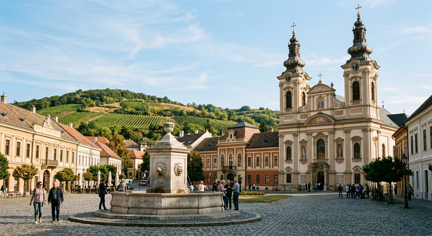 The main square of Sremski Karlovci with the cathedral and the Four Lions fountain